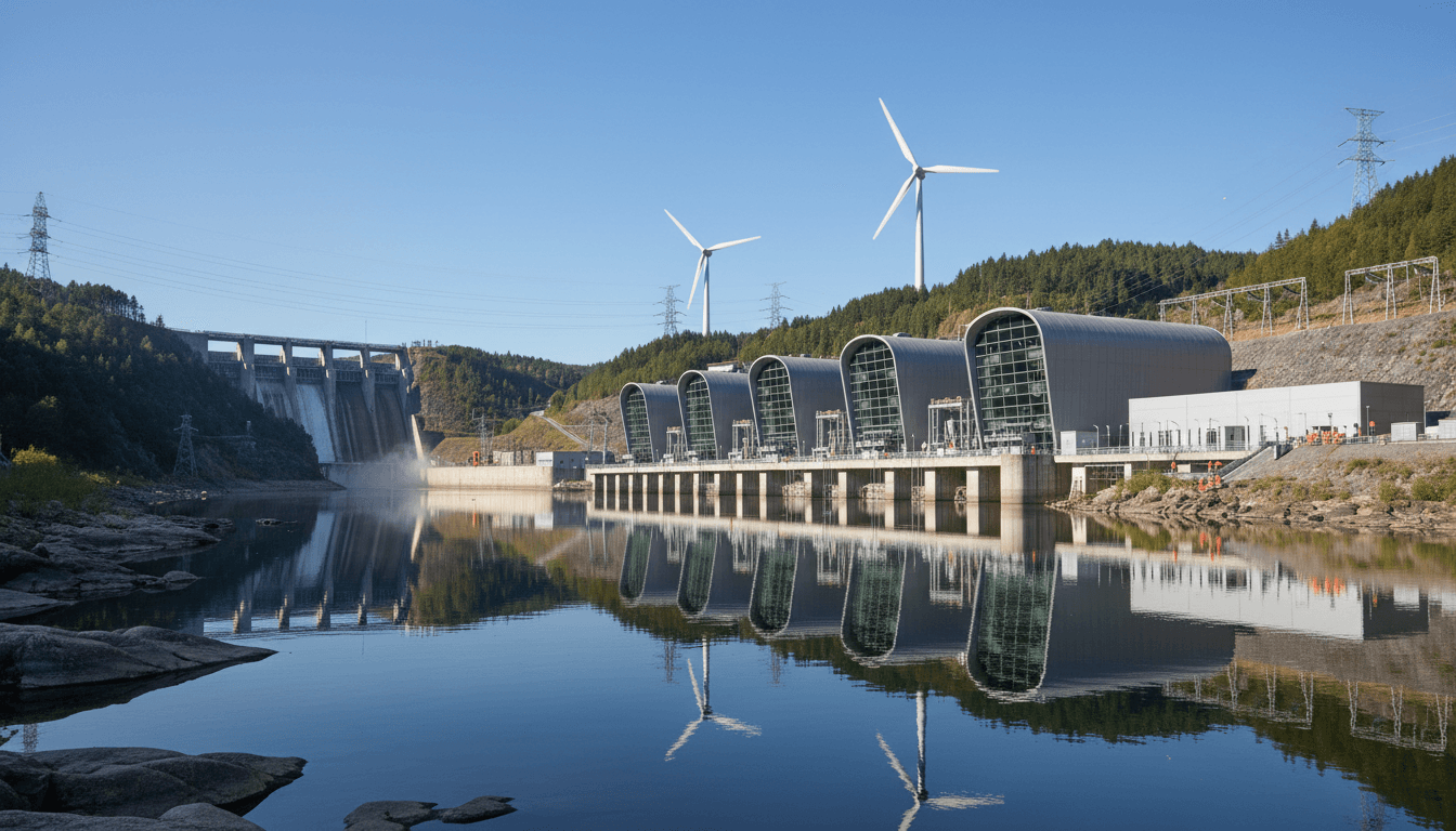 Wide view of modern power generation facility with multiple turbine units and maintenance workers along river valley landscape Wide view of modern power generation facility with multiple turbine units and maintenance workers along river valley landscape