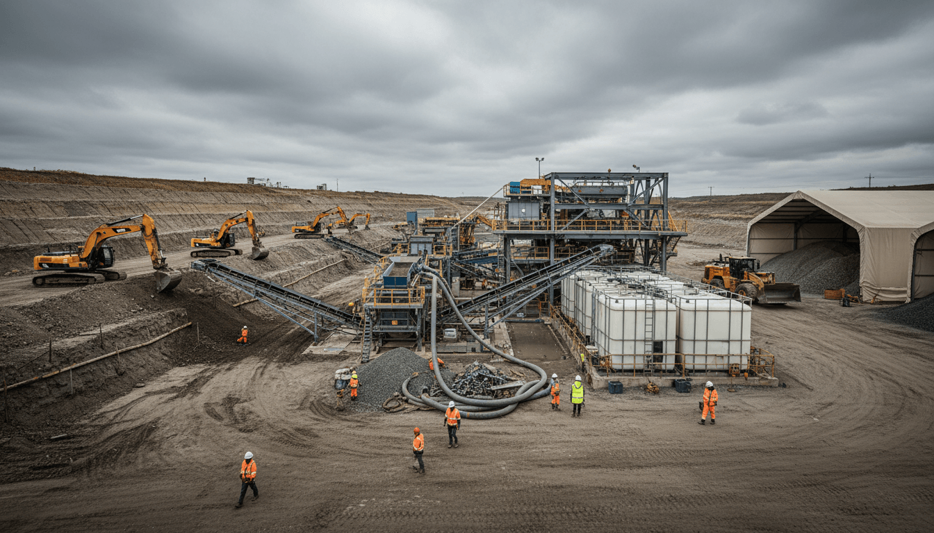 Wide view of environmental remediation site with multiple workers, machinery, and waste management equipment Wide view of environmental remediation site with multiple workers, machinery, and waste management equipment