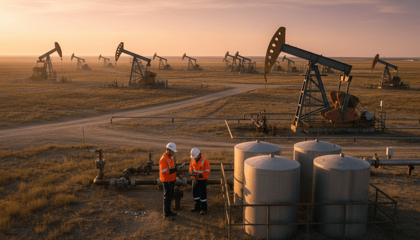 Field technician in safety gear performing equipment maintenance near pump jacks and storage tanks at remote oil well site Field technician in safety gear performing equipment maintenance near pump jacks and storage tanks at remote oil well site