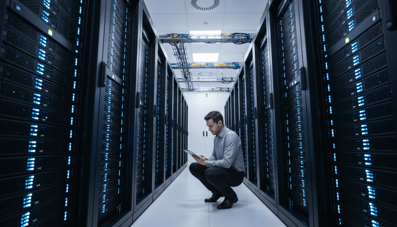 IT technician monitoring server rack equipment in modern data center with blue LED lighting and organized enterprise hardware systems IT technician monitoring server rack equipment in modern data center with blue LED lighting and organized enterprise hardware systems