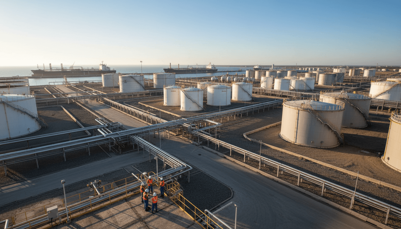 Expansive oil terminal facility with multiple storage tanks, pipelines, and workers in safety gear at sunset Expansive oil terminal facility with multiple storage tanks, pipelines, and workers in safety gear at sunset