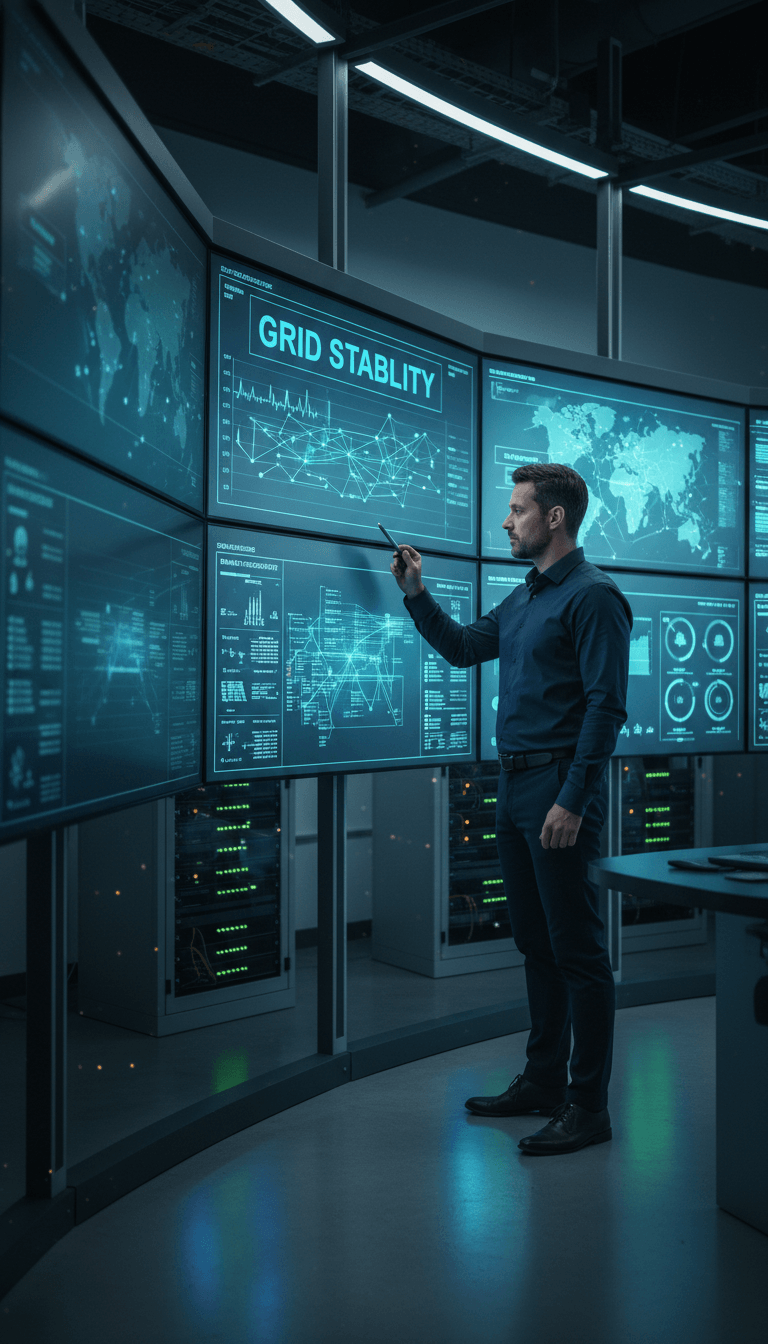 Energy operations specialist monitoring grid management and renewable energy data on control room displays Energy operations specialist monitoring grid management and renewable energy data on control room displays